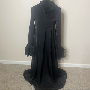 Women’s Black Satin Collared V~Neck Long Ruffle Sleeve Empire Waist Maxi Dress S